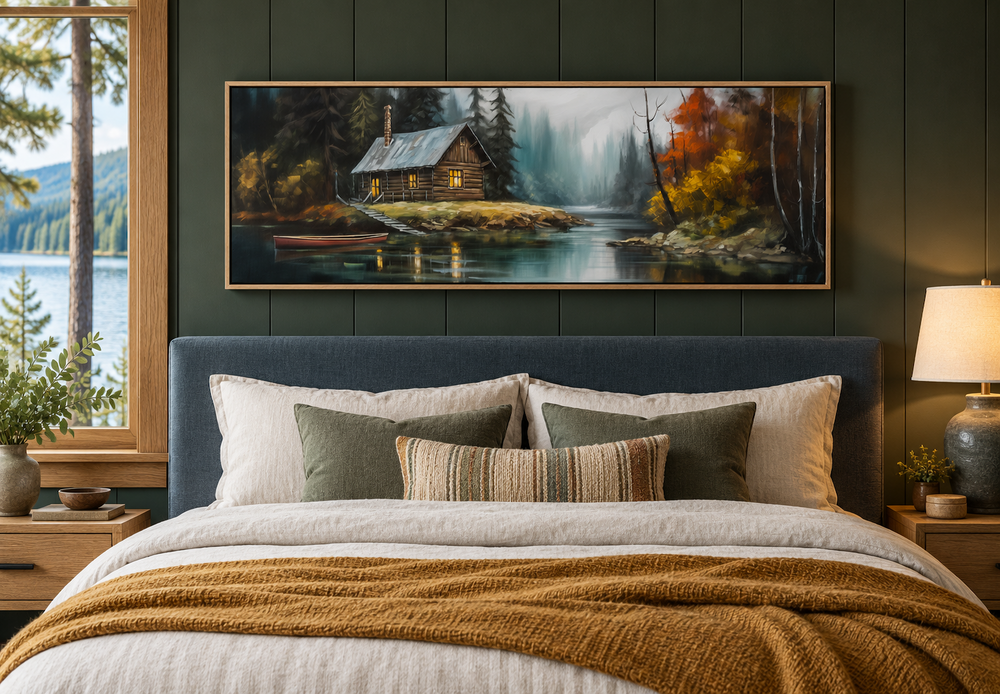 Narrow horizontal framed canvas art of a rustic cabin on a lake above a bed in a green bedroom.