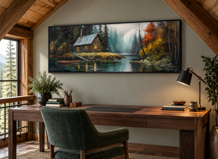 Narrow horizontal framed canvas art of a rustic cabin on a lake, hung in a cozy home office.