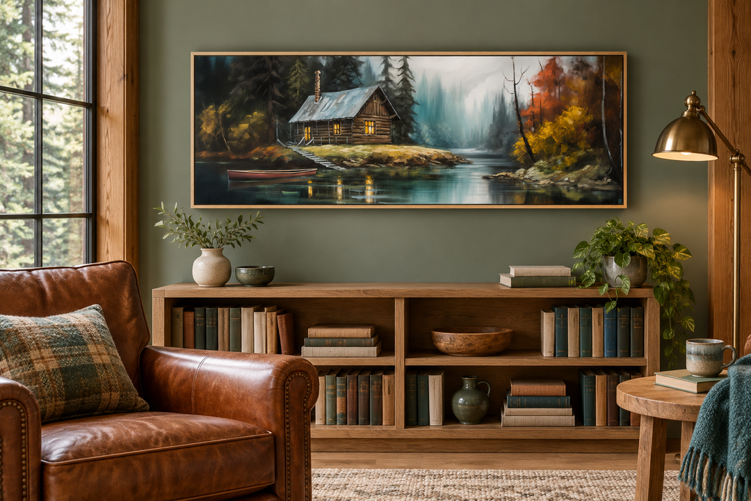 Narrow horizontal framed canvas art of a rustic cabin on a lake above a wooden bookshelf.