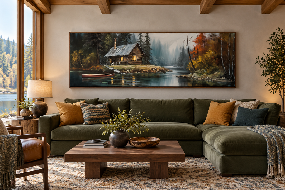Narrow horizontal framed canvas art of a rustic cabin on a lake above a green sectional sofa.