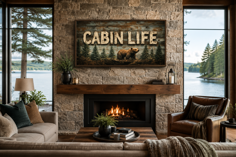Cabin Life Sign With Bear And Fir Trees Framed Canvas Wall Art above a stone fireplace.