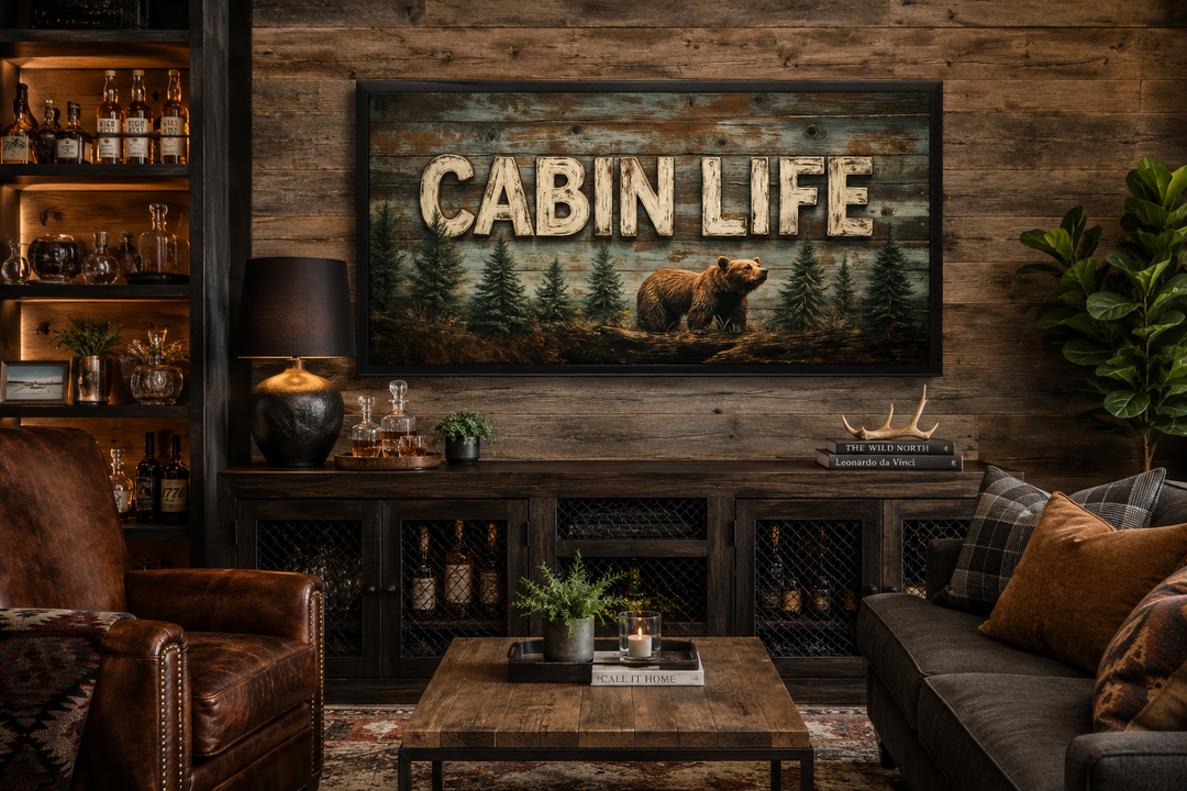 Cabin Life Sign With Bear And Fir Trees Framed Canvas Wall Art above a rustic wooden sideboard.
