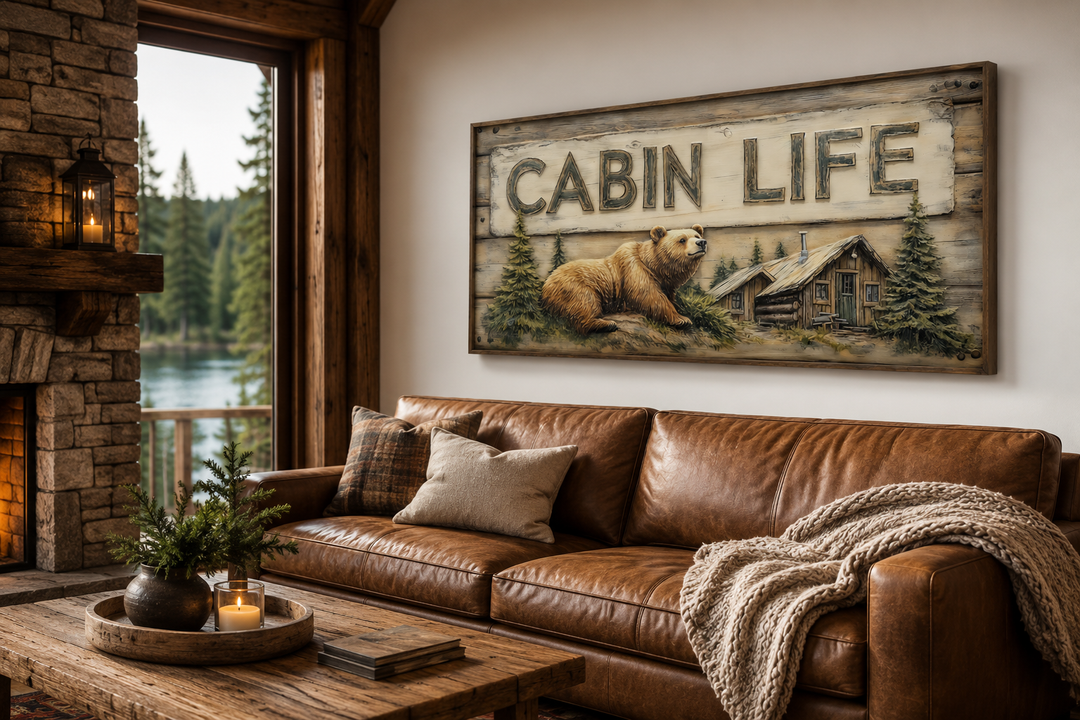 Cabin Life framed canvas wall art featuring a bear and log house above a brown leather sofa.
