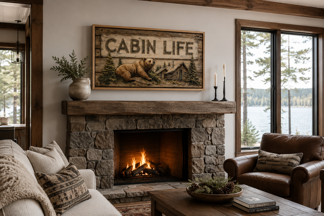 Cabin Life Sign framed canvas wall art with a bear and log house above a stone fireplace.