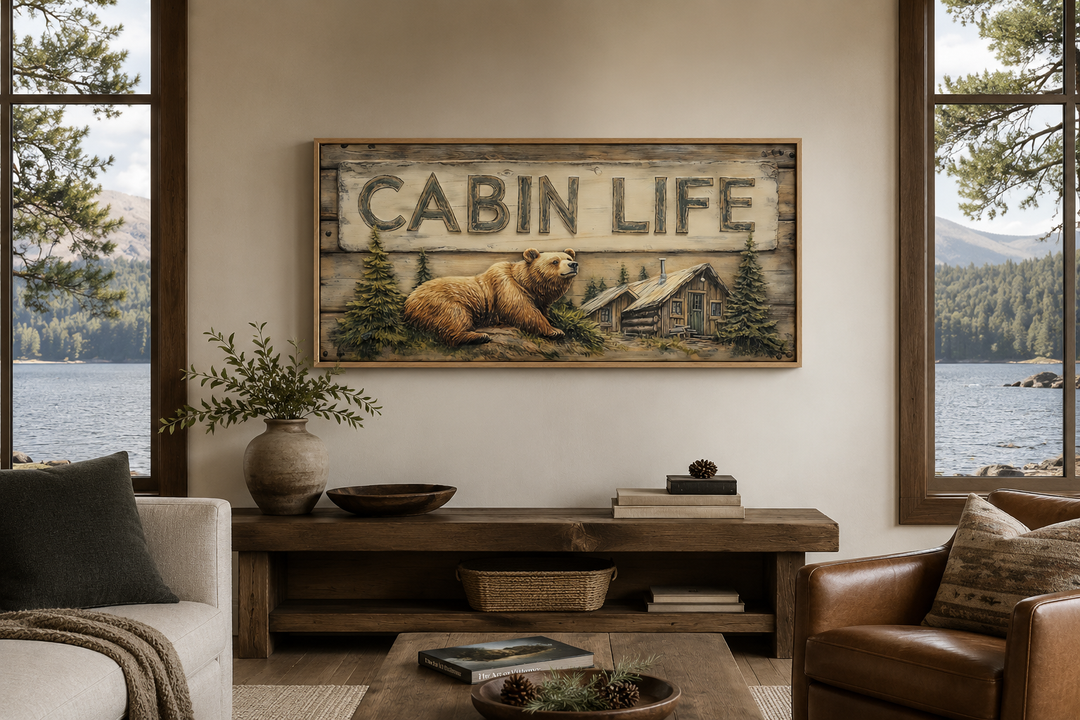 Cabin Life Sign framed canvas wall art featuring a bear and log house in a rustic living room.