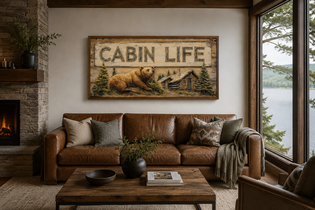 Cabin Life framed canvas wall art featuring a bear and log house above a brown leather sofa.
