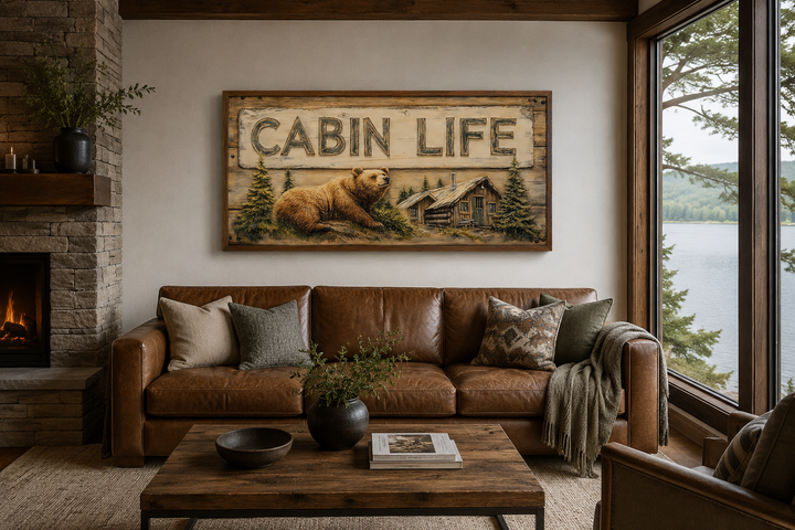 Cabin Life framed canvas wall art featuring a bear and log house above a brown leather sofa.