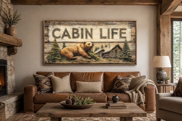 Cabin Life framed canvas wall art featuring a bear and log house above a brown leather sofa.
