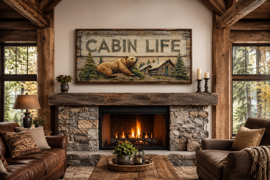 Framed canvas wall art featuring a bear, log cabin, and 'CABIN LIFE' text above a stone fireplace.