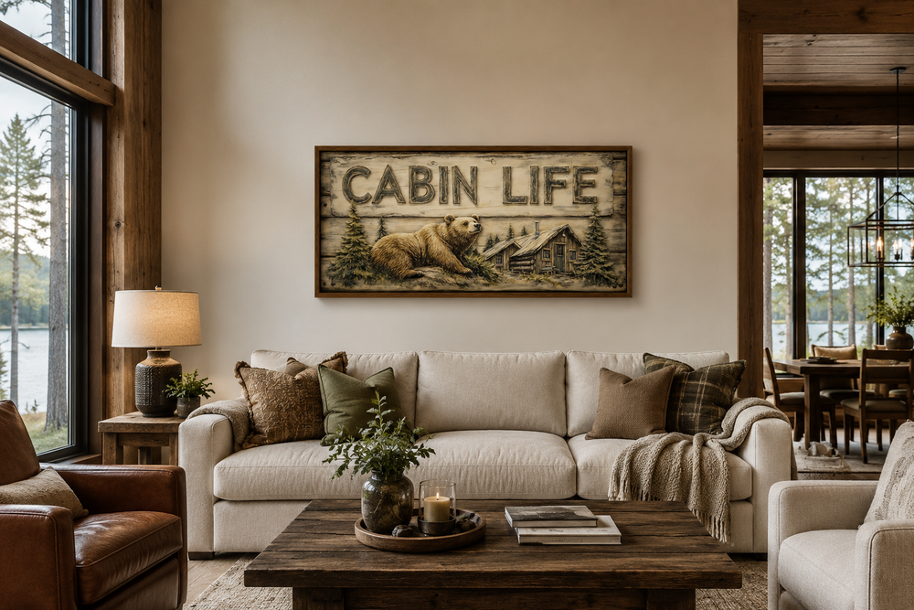 Cabin Life Sign framed canvas wall art featuring a bear and log house above a living room sofa.