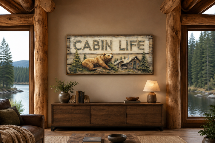 Cabin Life framed canvas wall art featuring a bear and log house in a rustic living room setting.