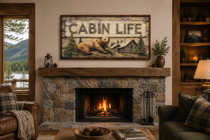 Cabin Life Sign framed canvas wall art featuring a bear and log house above a stone fireplace.