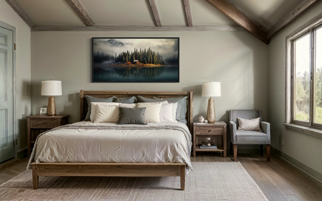 Cabin On The Lake Framed Canvas Wall Art