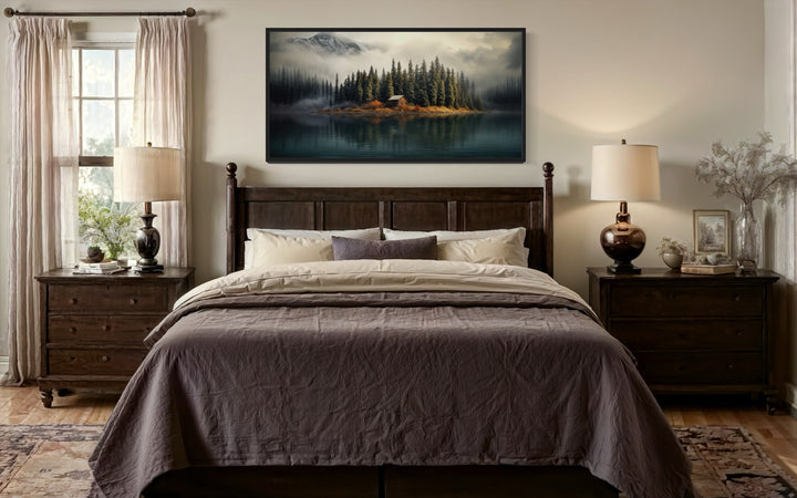 Cabin On The Lake Framed Canvas Wall Art