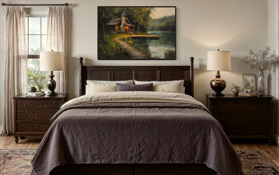 Cabin On The Lake Framed Canvas Wall Art