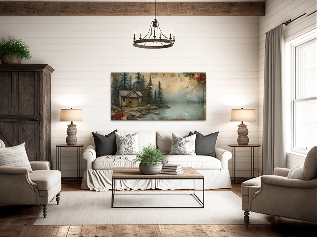 Cabin On The Lake Rustic Lake House Framed Canvas Wall Art