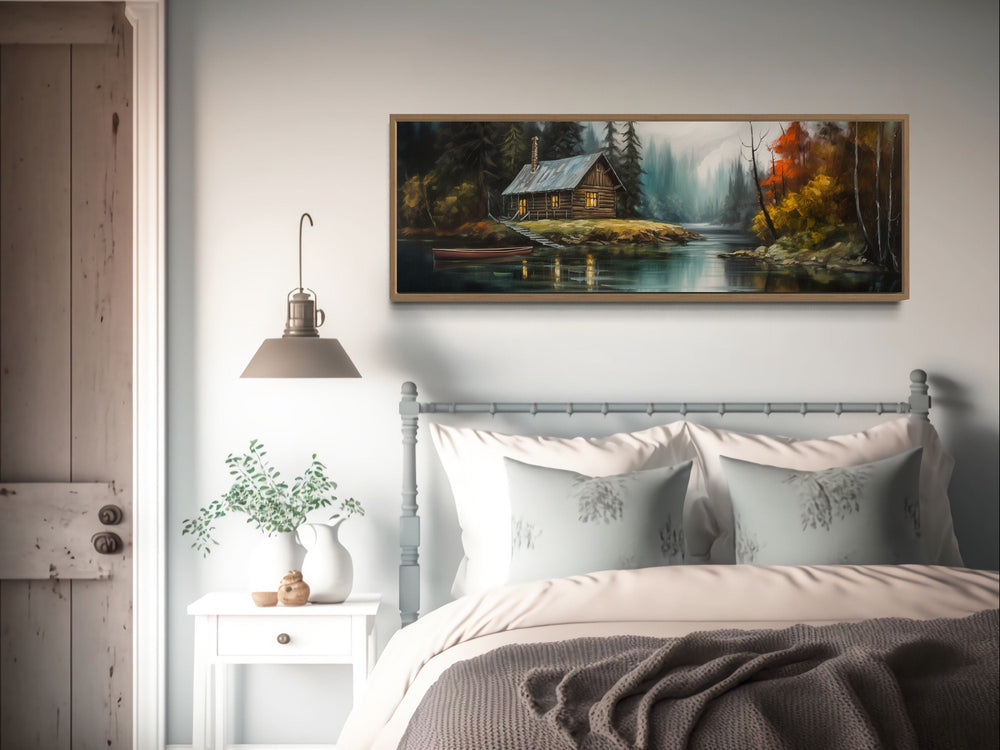 Cabin On the Lake Horizontal Narrow rustic Framed Canvas Wall Art above bed