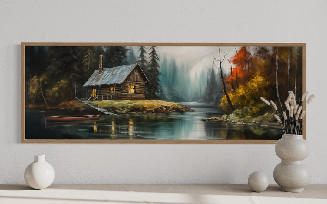 Cabin On the Lake Horizontal Narrow rustic Framed Canvas Wall Art