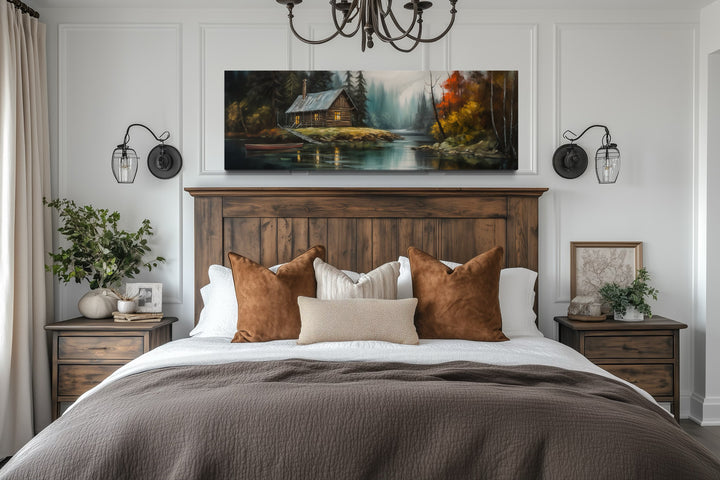 Cabin On the Lake Horizontal Narrow rustic Framed Canvas Wall Art