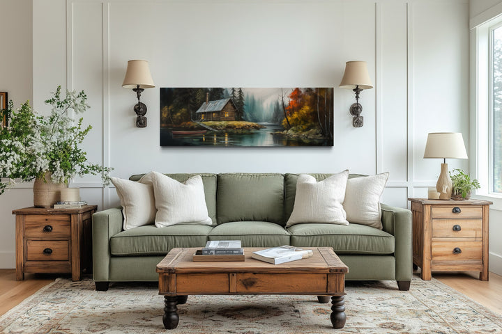 Cabin On the Lake Horizontal Narrow rustic Framed Canvas Wall Art