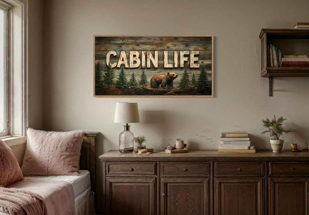 Cabin Sign With Bear And Fir Trees Framed Canvas Wall Art