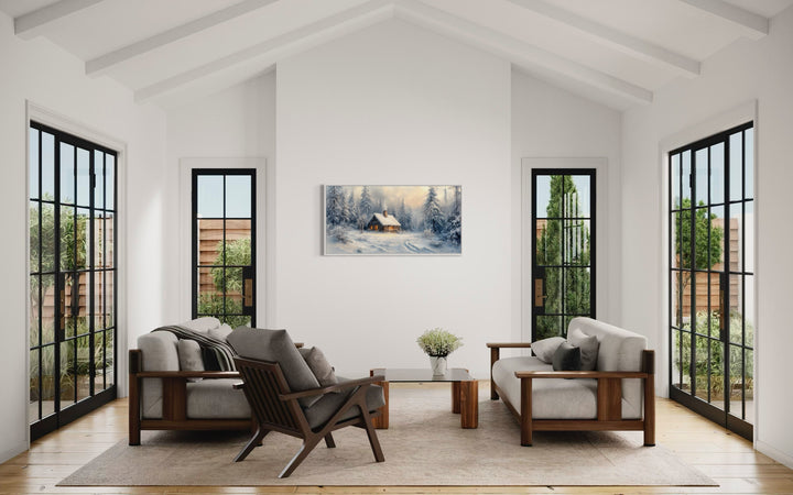 Cabin Wall Art – Large Framed Winter Canvas Print With Snowy Forest Decor