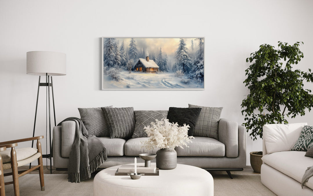 Cabin Wall Art – Large Framed Winter Canvas Print With Snowy Forest Decor