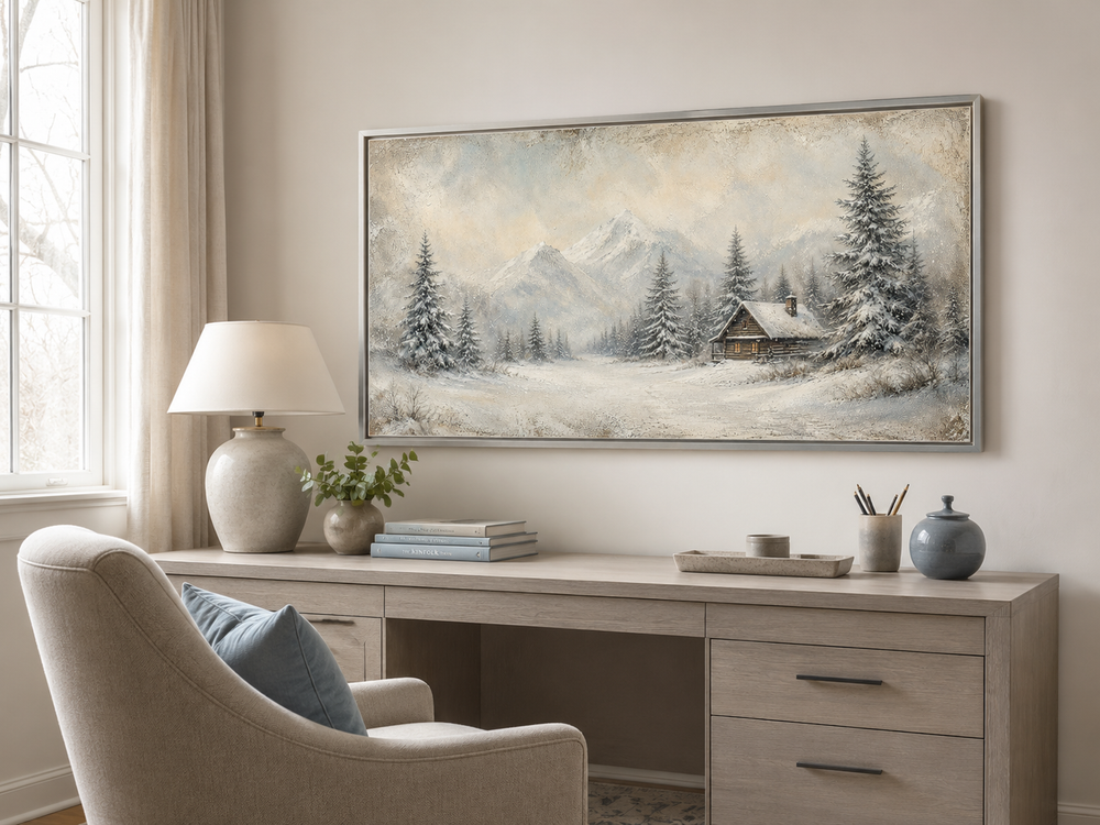 Rustic framed canvas wall art of a snowy mountain cabin above a desk in a neutral-toned room.