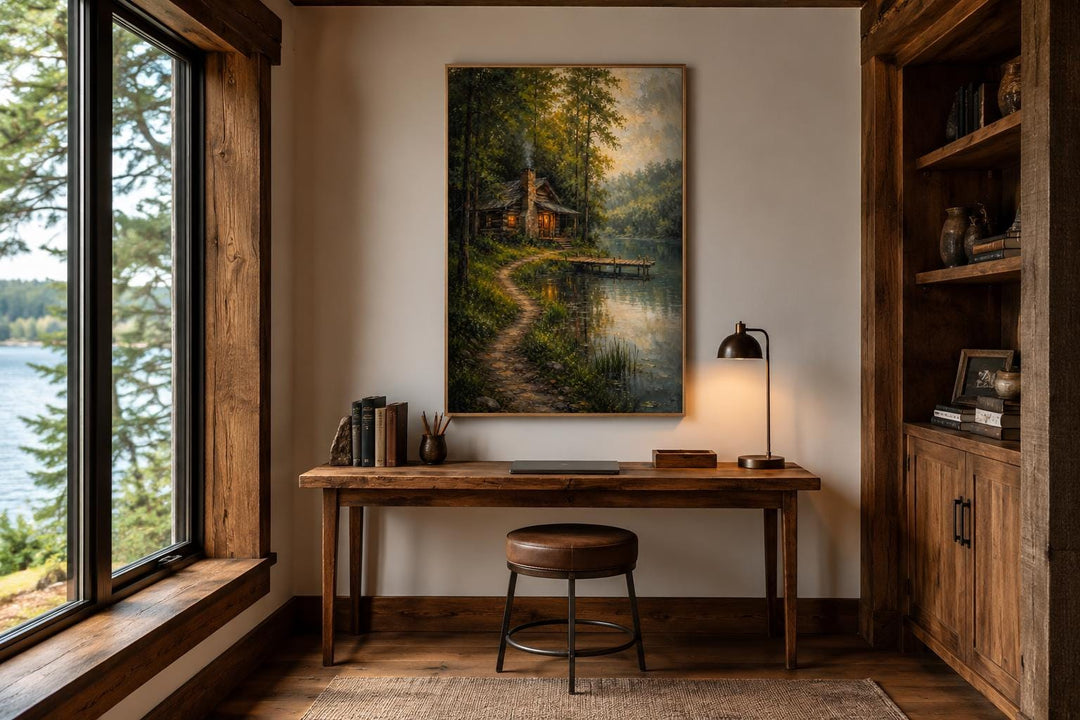 Vertical canvas print of a rustic cabin by a lake, nestled in a sunlit forest with a winding path.