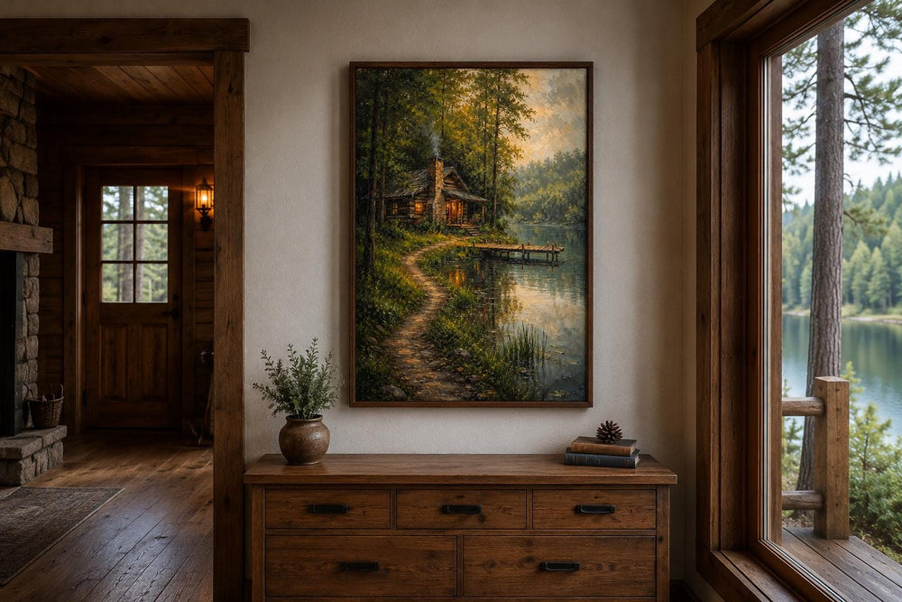 Vertical canvas print of a rustic cabin by a lake in a sunlit forest, hung above a wooden dresser.