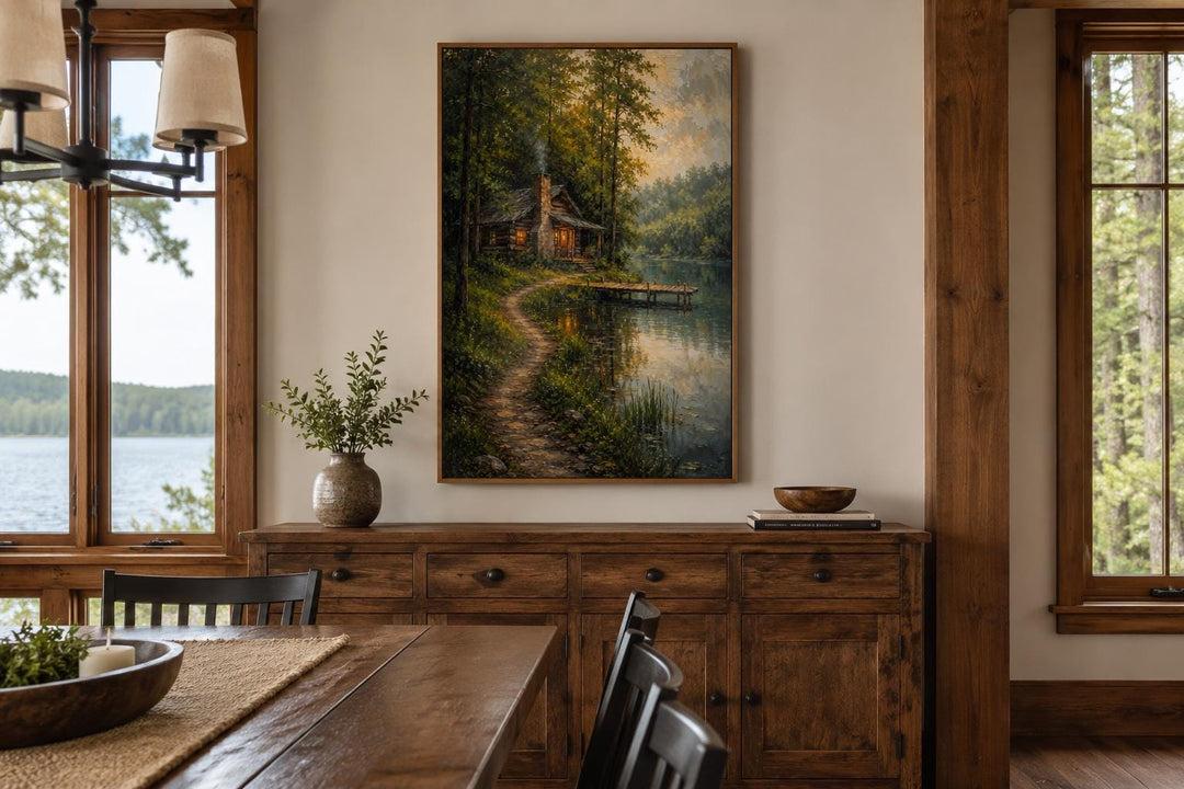 Vertical canvas print of a rustic cabin by a lake, displayed above a wooden sideboard in a room.
