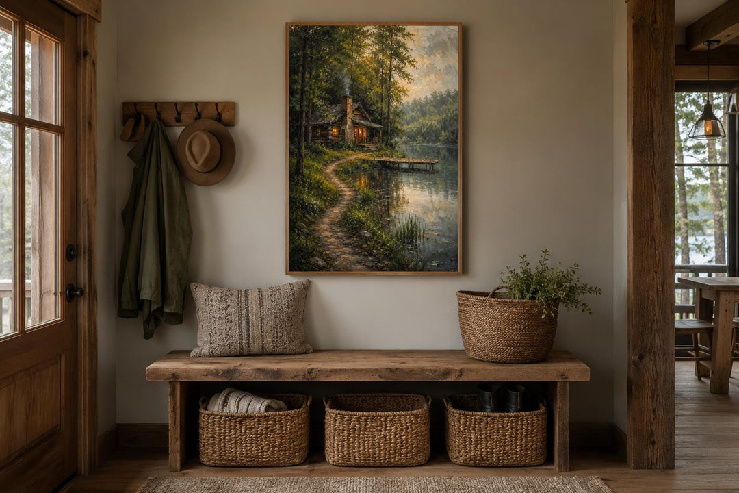 Vertical canvas print of a cozy forest cabin by a lake, styled in a rustic entryway.