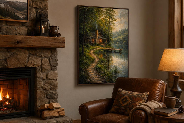 Vertical canvas print of a rustic cabin by a lake, displayed on a wall next to a stone fireplace.