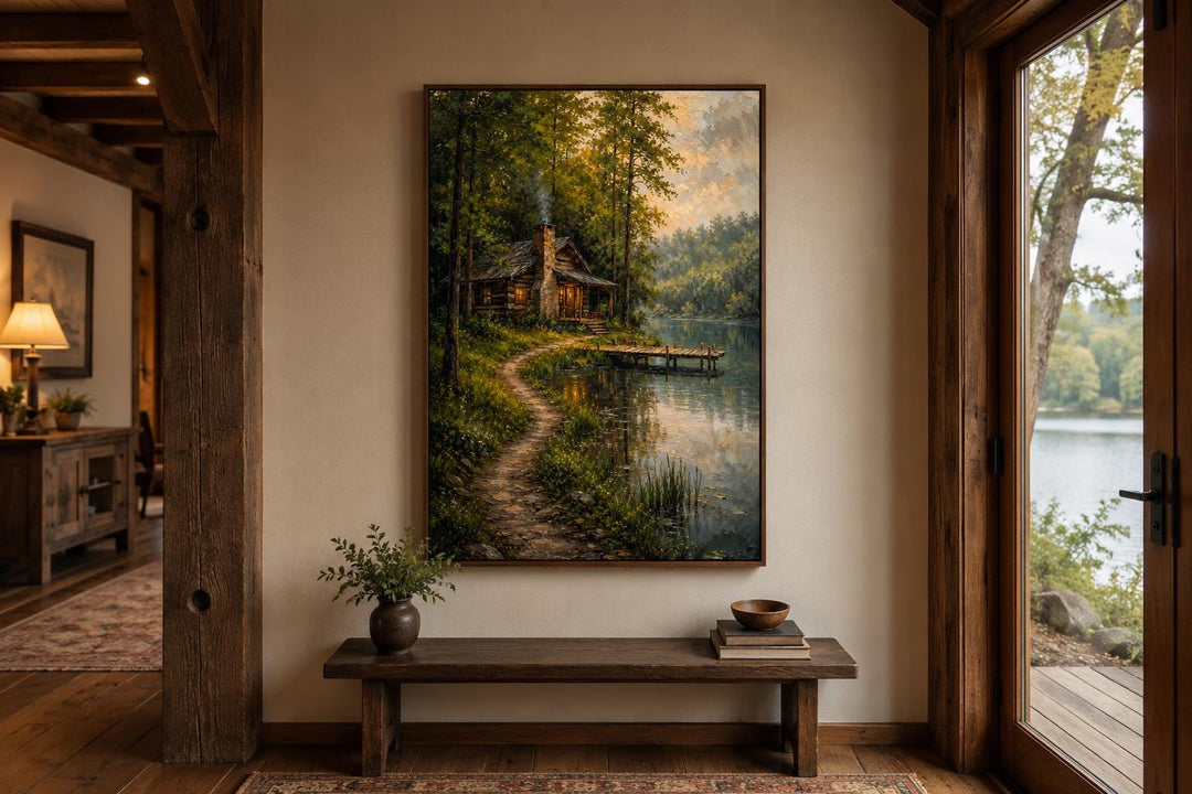 Vertical canvas print of a rustic cabin by a lake, displayed in a warm, wood-accented entryway.