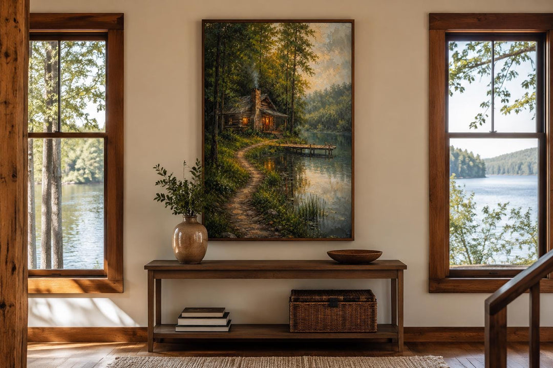 Vertical canvas print of a rustic forest cabin by a lake, displayed above a wooden console table.