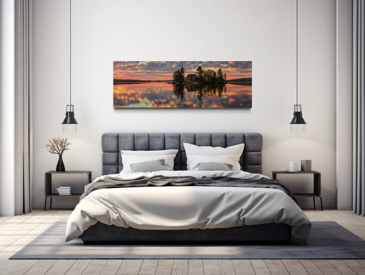 Cabin in The Lake Landscape At Sunset Long Horizontal Framed Canvas Wall Art