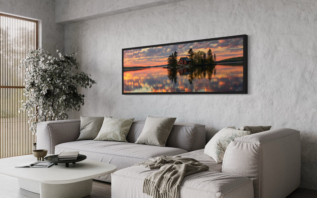 Cabin in The Lake Landscape At Sunset Long Horizontal Framed Canvas Wall Art