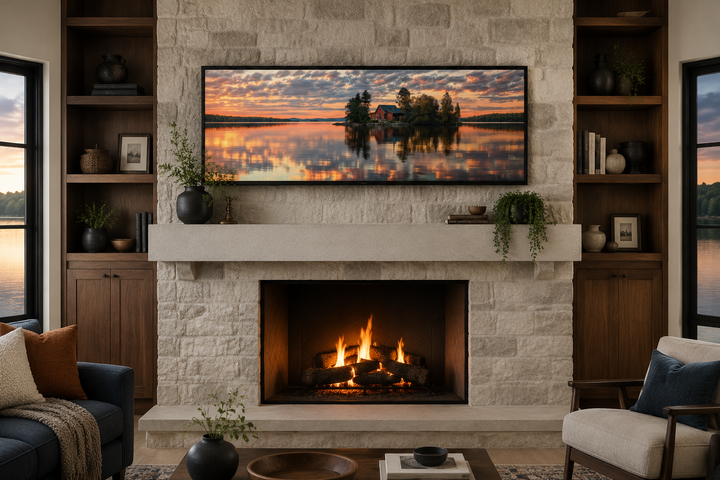 Long horizontal framed canvas of a cabin on a lake at sunset, mounted above a stone fireplace.
