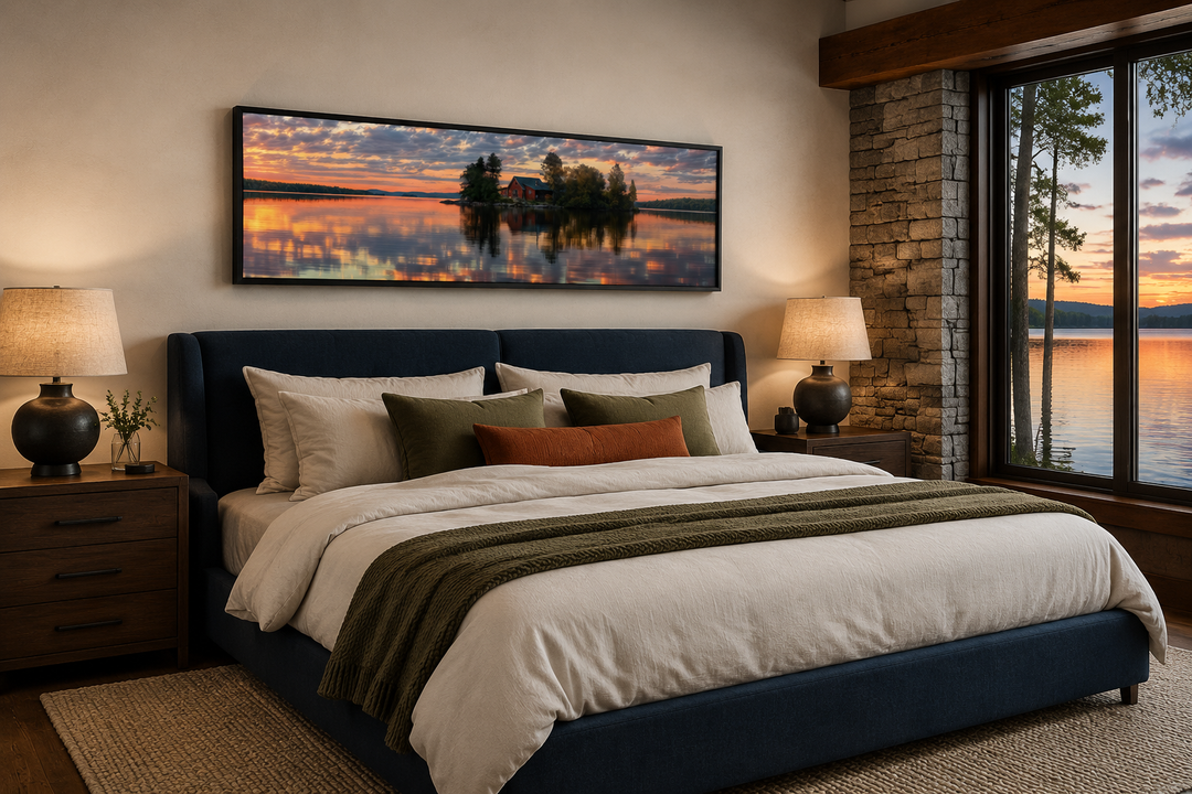 Long horizontal framed canvas wall art of a cabin on a lake at sunset above a bed in a bedroom.