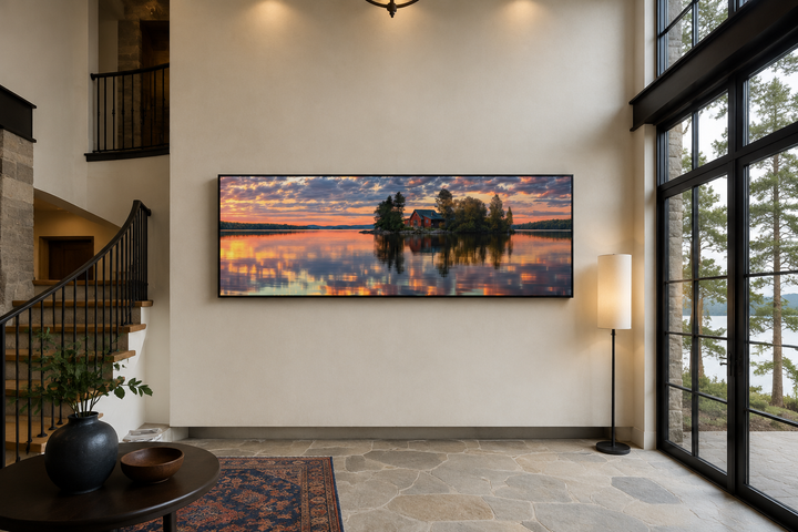 Panoramic framed canvas wall art of a cabin on a lake at sunset, hung in a rustic living room.