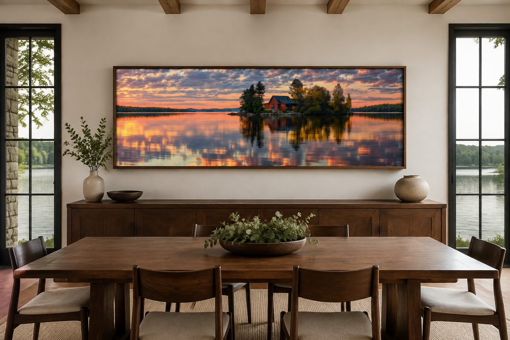 Long horizontal framed canvas art of a red cabin on a lake at sunset above a wooden dining table.