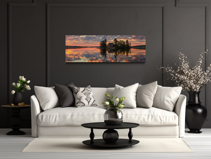 Cabin in The Lake Landscape At Sunset Long Horizontal Framed Canvas Wall Art