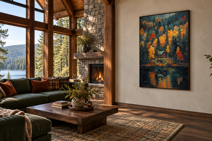 Cabin In The Woods Autumn canvas wall art in a rustic living room with a stone fireplace.