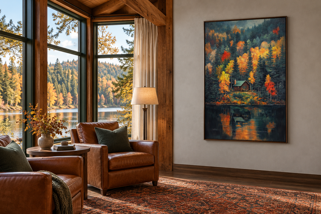 Cabin In The Woods Autumn canvas wall art featuring a forest lake reflection in a rustic room.