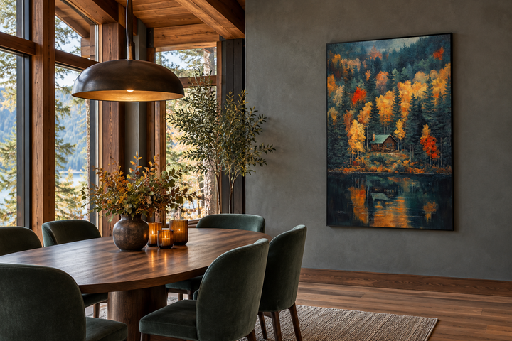 Cabin In The Woods Autumn Canvas Wall Art showing a cabin by a lake with fall foliage reflections.