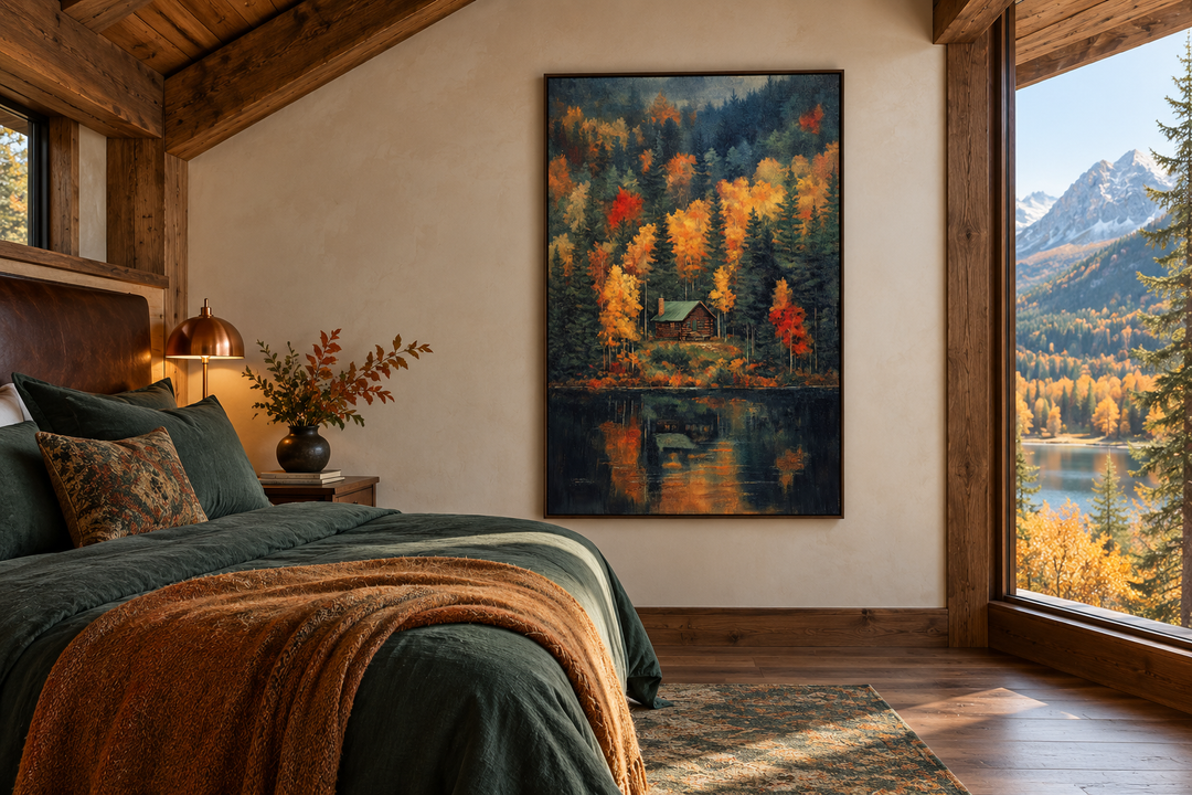 Vertical canvas wall art of a cabin in an autumn forest reflected in a lake, hung in a bedroom.