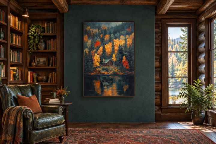Cabin in the Woods Autumn canvas wall art hanging in a rustic library with a green leather chair.