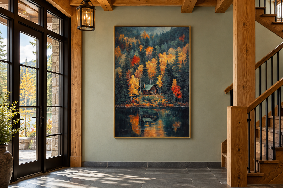 Large vertical canvas art of a cabin in autumn woods reflected in a lake, hung in a rustic hallway.
