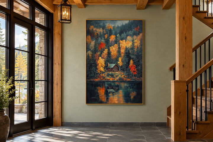 Large vertical canvas art of a cabin in autumn woods reflected in a lake, hung in a rustic hallway.