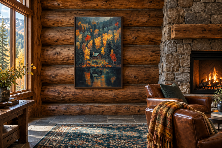 Cabin in the Woods Autumn canvas wall art hanging in a rustic log cabin living room with fireplace.